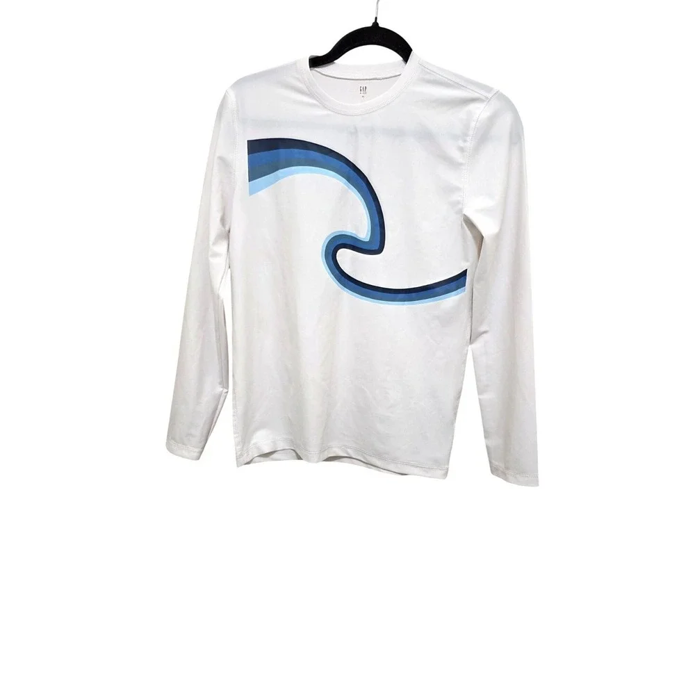 Gap Kids‎ XL White Swim Long-Sleeve Shirt Blue Wave Design Lightweight